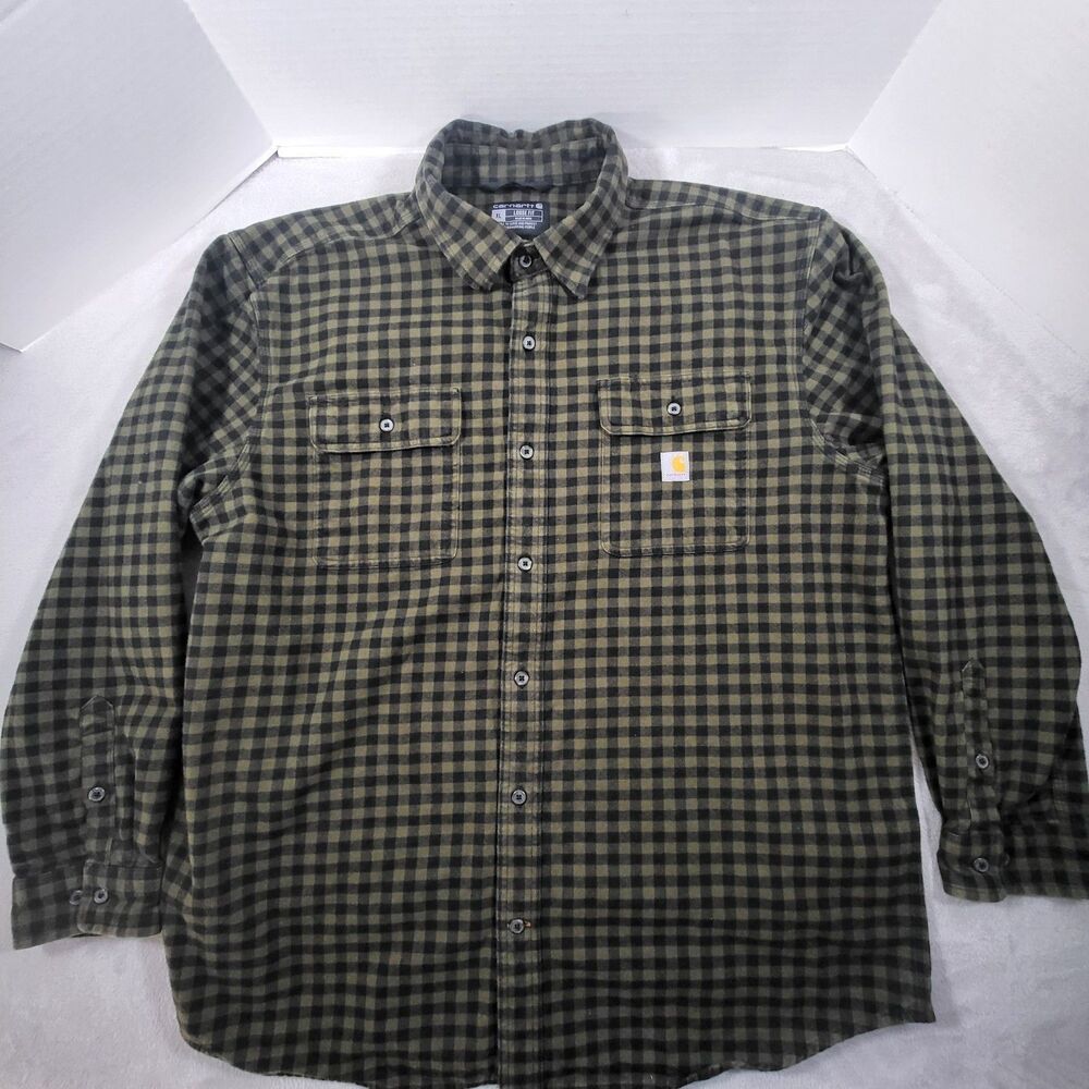 Carhartt Loose Heavyweight Flannel Shirt Mens XL Green Gingham Check Long Sleeve